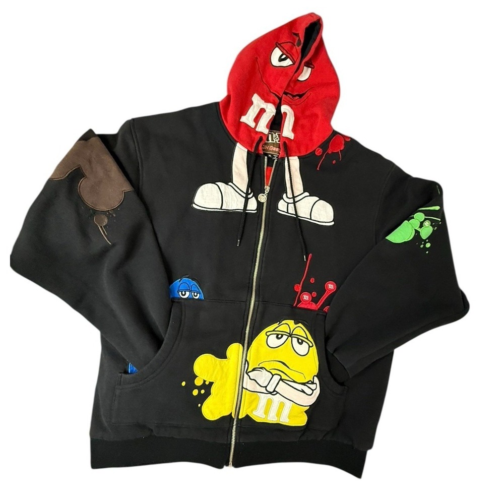 M&M's JH Design Mens XL Black Full Zip Hoodie Y2K Rare All Over Embroidered